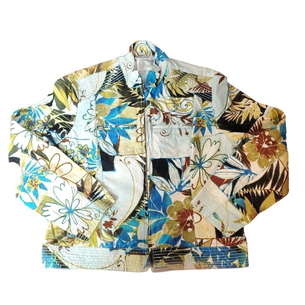 CHICO'S Jacket Size 1 US 8 Full Zip Long Sleeve Floral Blue Green Cotton Cottage